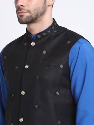 Men Cotton Royal Blue Pathani Kurta & Salwar with Black Nehru Jacket 2