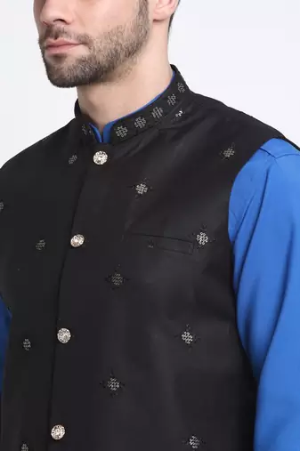 Men Cotton Royal Blue Pathani Kurta & Salwar with Black Nehru Jacket