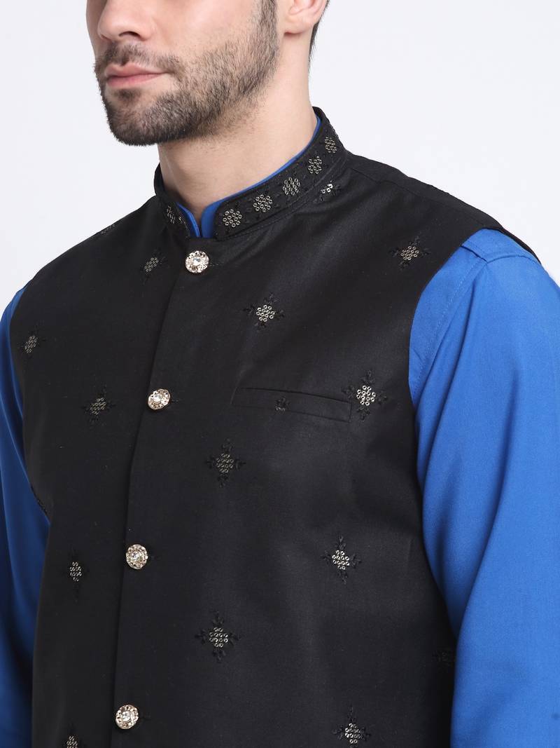 Men Cotton Royal Blue Pathani Kurta & Salwar with Black Nehru Jacket