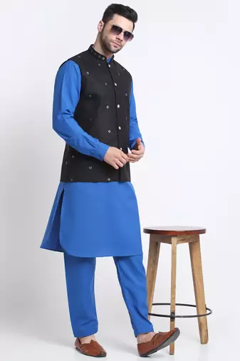 Men Cotton Royal Blue Pathani Kurta & Salwar with Black Nehru Jacket