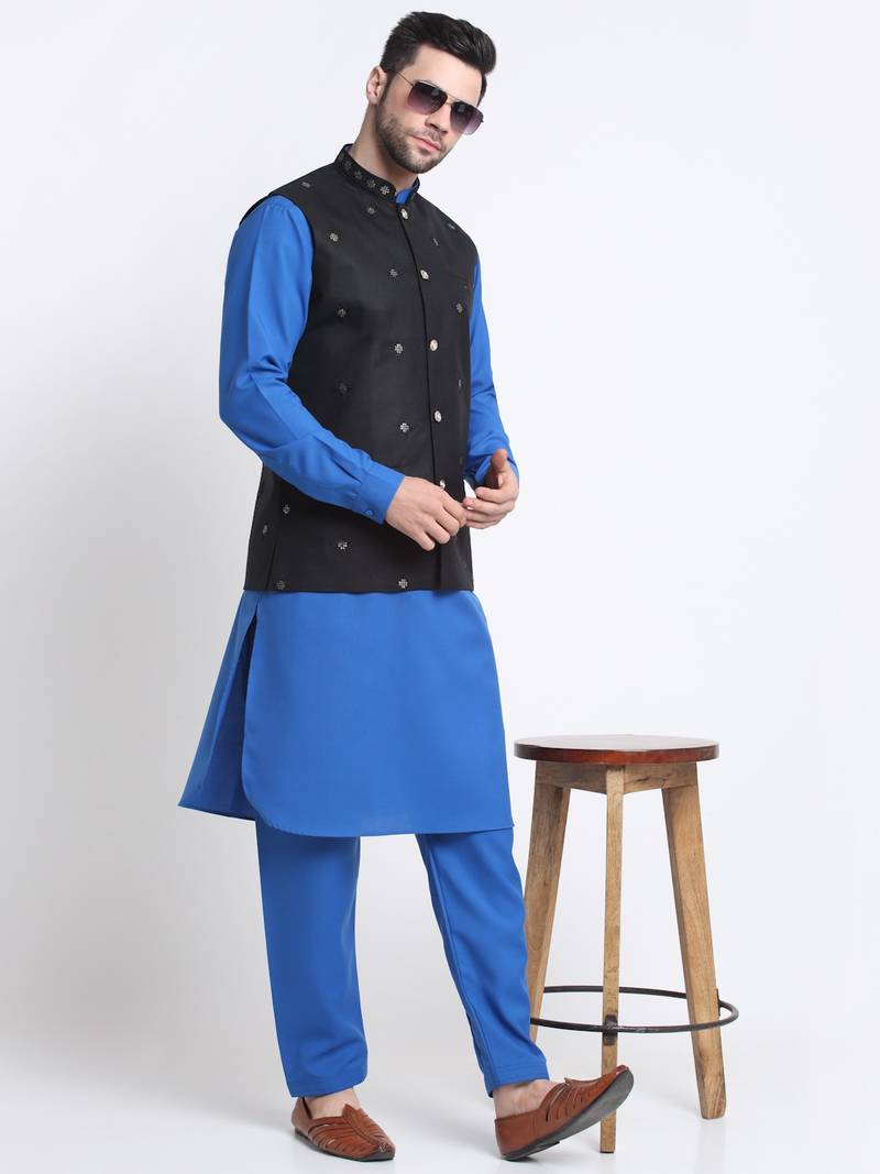Men Cotton Royal Blue Pathani Kurta & Salwar with Black Nehru Jacket