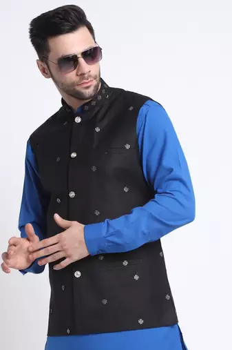 Men Cotton Royal Blue Pathani Kurta & Salwar with Black Nehru Jacket