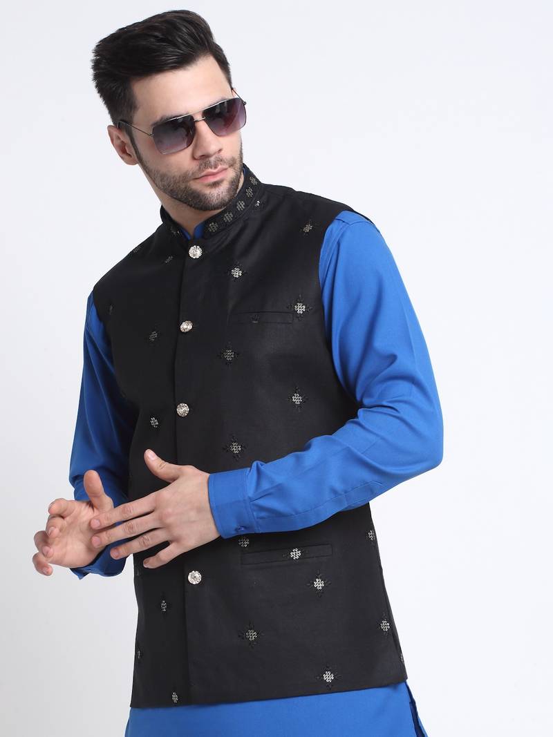 Men Cotton Royal Blue Pathani Kurta & Salwar with Black Nehru Jacket