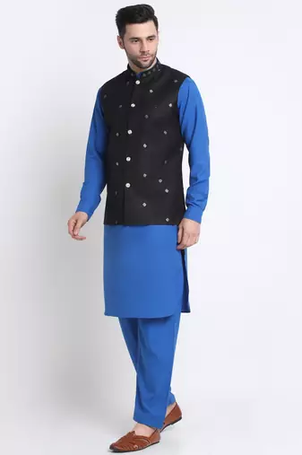 Men Cotton Royal Blue Pathani Kurta & Salwar with Black Nehru Jacket
