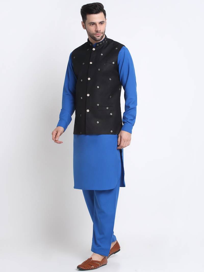 Men Cotton Royal Blue Pathani Kurta & Salwar with Black Nehru Jacket