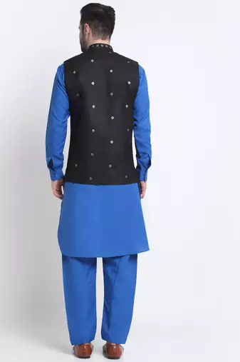 Men Cotton Royal Blue Pathani Kurta & Salwar with Black Nehru Jacket