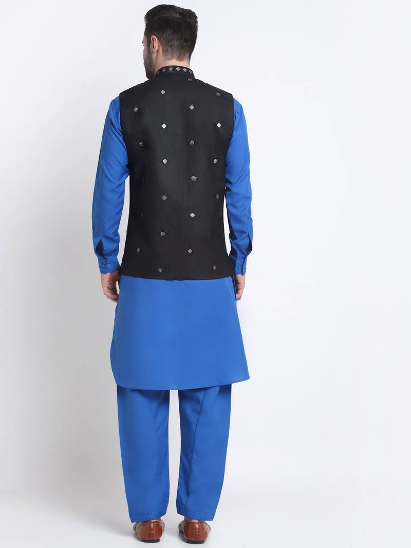 Men Cotton Royal Blue Pathani Kurta & Salwar with Black Nehru Jacket