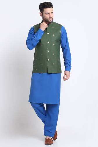 Men Cotton Royal Blue Pathani Kurta & Salwar with Green Nehru Jacket