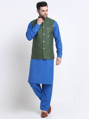 Men Cotton Royal Blue Pathani Kurta & Salwar with Green Nehru Jacket 1