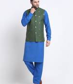 Men Cotton Royal Blue Pathani Kurta & Salwar with Green Nehru Jacket