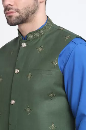 Men Cotton Royal Blue Pathani Kurta & Salwar with Green Nehru Jacket