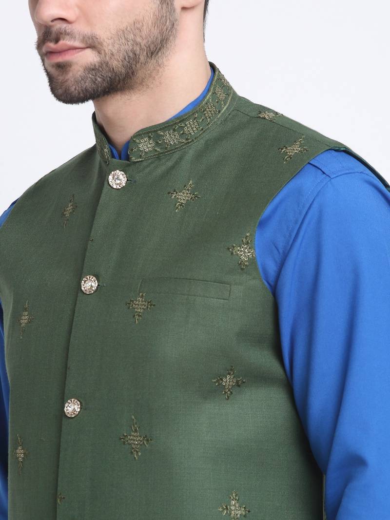 Men Cotton Royal Blue Pathani Kurta & Salwar with Green Nehru Jacket