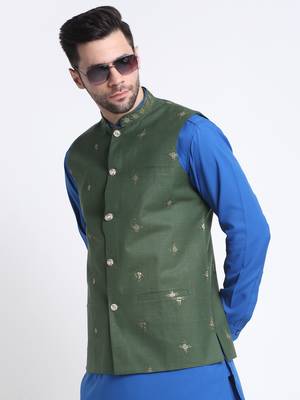 Men Cotton Royal Blue Pathani Kurta & Salwar with Green Nehru Jacket 3