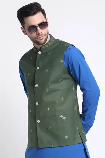 Men Cotton Royal Blue Pathani Kurta & Salwar with Green Nehru Jacket