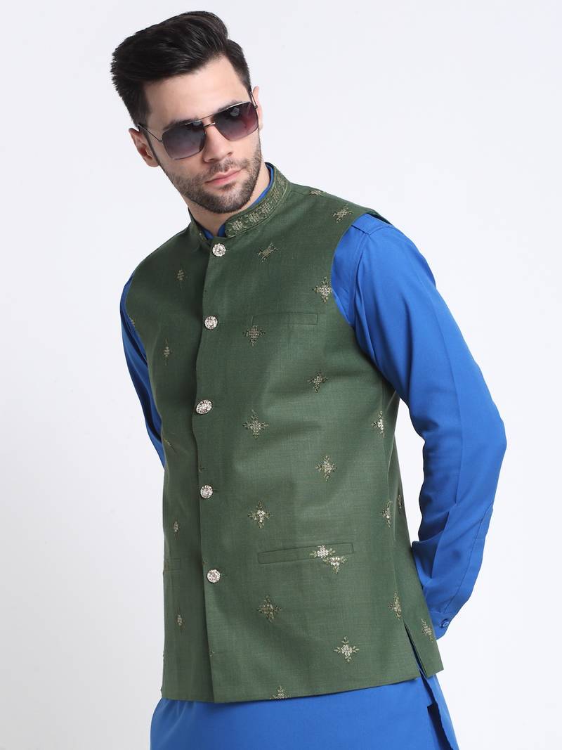 Men Cotton Royal Blue Pathani Kurta & Salwar with Green Nehru Jacket