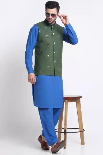 Men Cotton Royal Blue Pathani Kurta & Salwar with Green Nehru Jacket