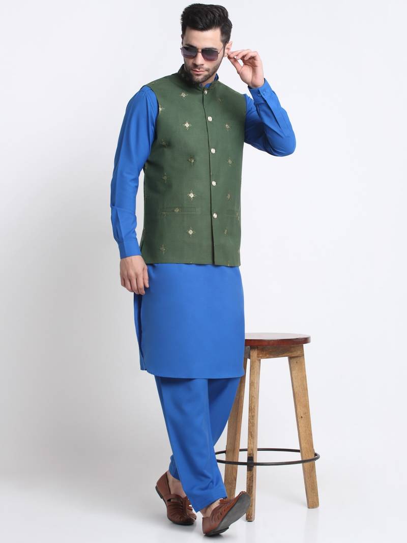 Men Cotton Royal Blue Pathani Kurta & Salwar with Green Nehru Jacket