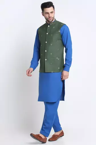 Men Cotton Royal Blue Pathani Kurta & Salwar with Green Nehru Jacket