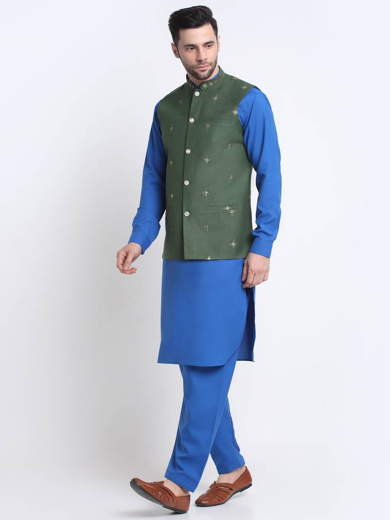 Men Cotton Royal Blue Pathani Kurta & Salwar with Green Nehru Jacket