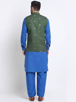 Men Cotton Royal Blue Pathani Kurta & Salwar with Green Nehru Jacket 6