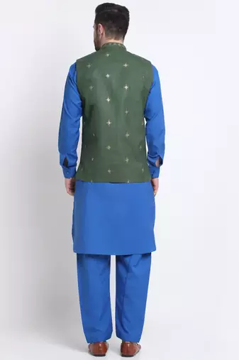 Men Cotton Royal Blue Pathani Kurta & Salwar with Green Nehru Jacket