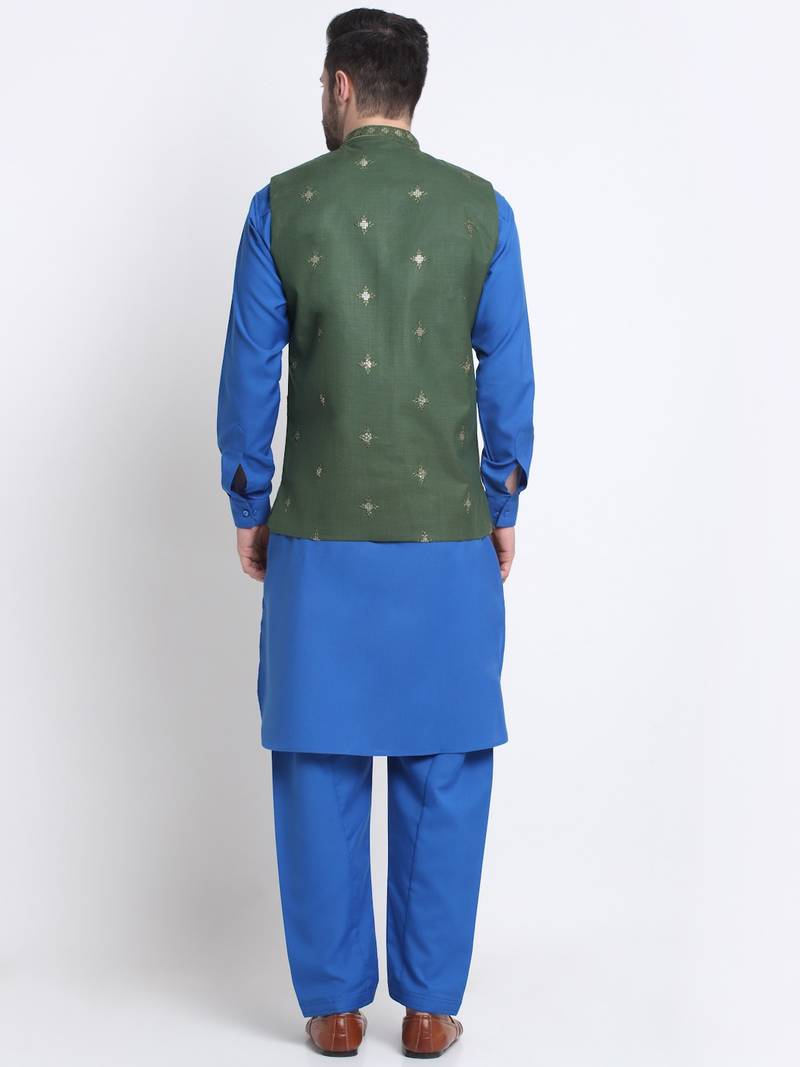 Men Cotton Royal Blue Pathani Kurta & Salwar with Green Nehru Jacket