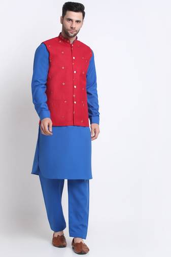 Men Cotton Royal Blue Pathani Kurta & Salwar with Red Nehru Jacket