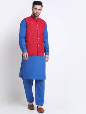 Men Cotton Royal Blue Pathani Kurta & Salwar with Red Nehru Jacket 1