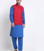 Men Cotton Royal Blue Pathani Kurta & Salwar with Red Nehru Jacket