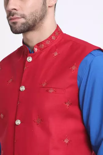 Men Cotton Royal Blue Pathani Kurta & Salwar with Red Nehru Jacket
