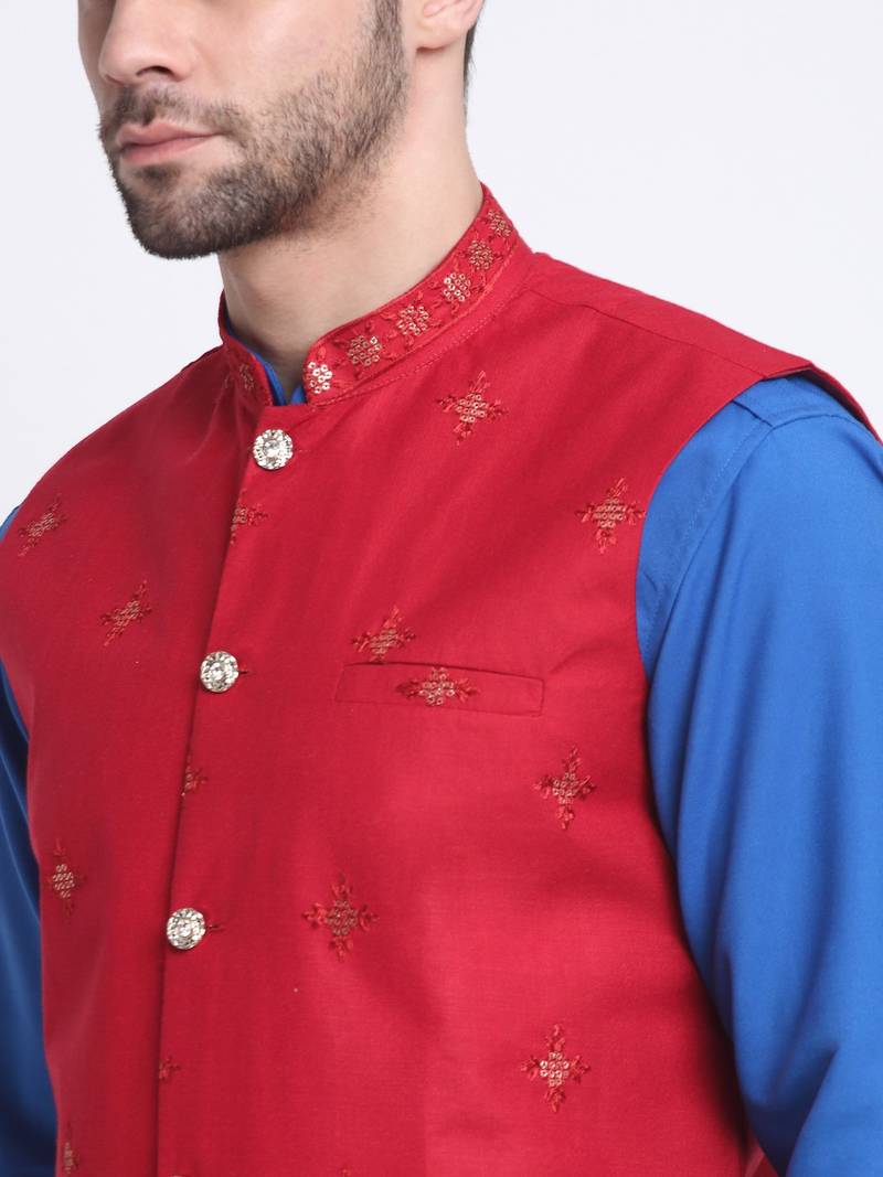 Men Cotton Royal Blue Pathani Kurta & Salwar with Red Nehru Jacket