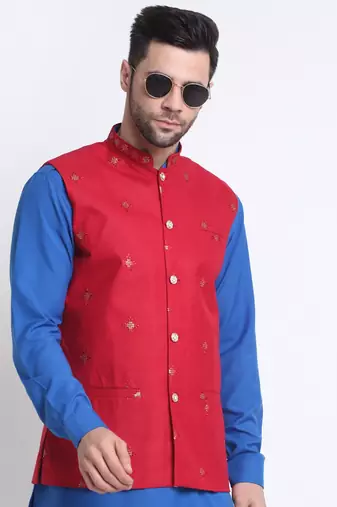 Men Cotton Royal Blue Pathani Kurta & Salwar with Red Nehru Jacket