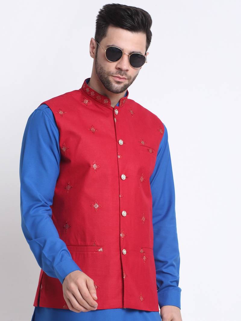Men Cotton Royal Blue Pathani Kurta & Salwar with Red Nehru Jacket