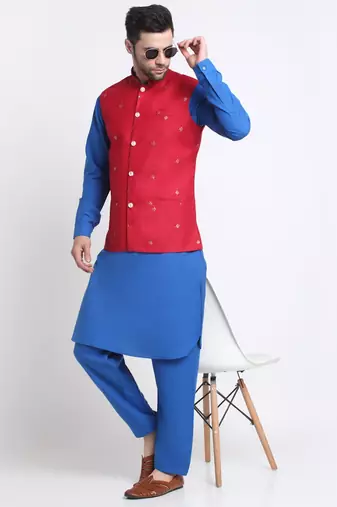Men Cotton Royal Blue Pathani Kurta & Salwar with Red Nehru Jacket
