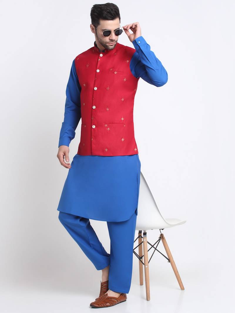 Men Cotton Royal Blue Pathani Kurta & Salwar with Red Nehru Jacket
