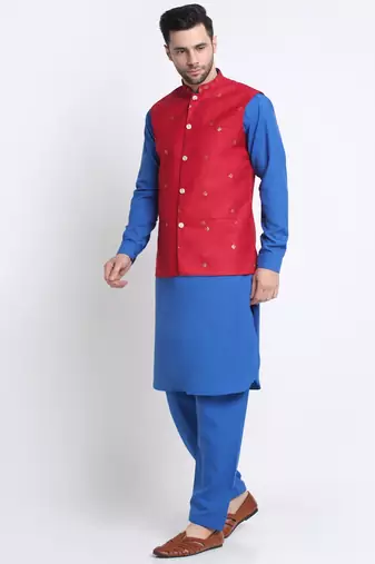 Men Cotton Royal Blue Pathani Kurta & Salwar with Red Nehru Jacket