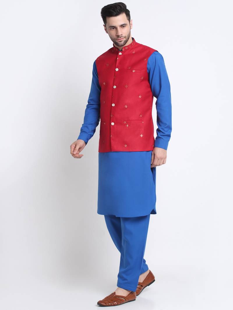 Men Cotton Royal Blue Pathani Kurta & Salwar with Red Nehru Jacket
