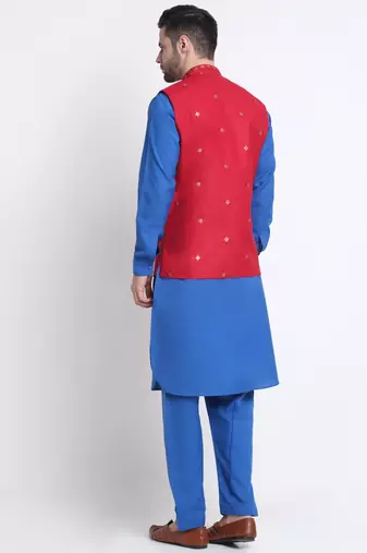 Men Cotton Royal Blue Pathani Kurta & Salwar with Red Nehru Jacket