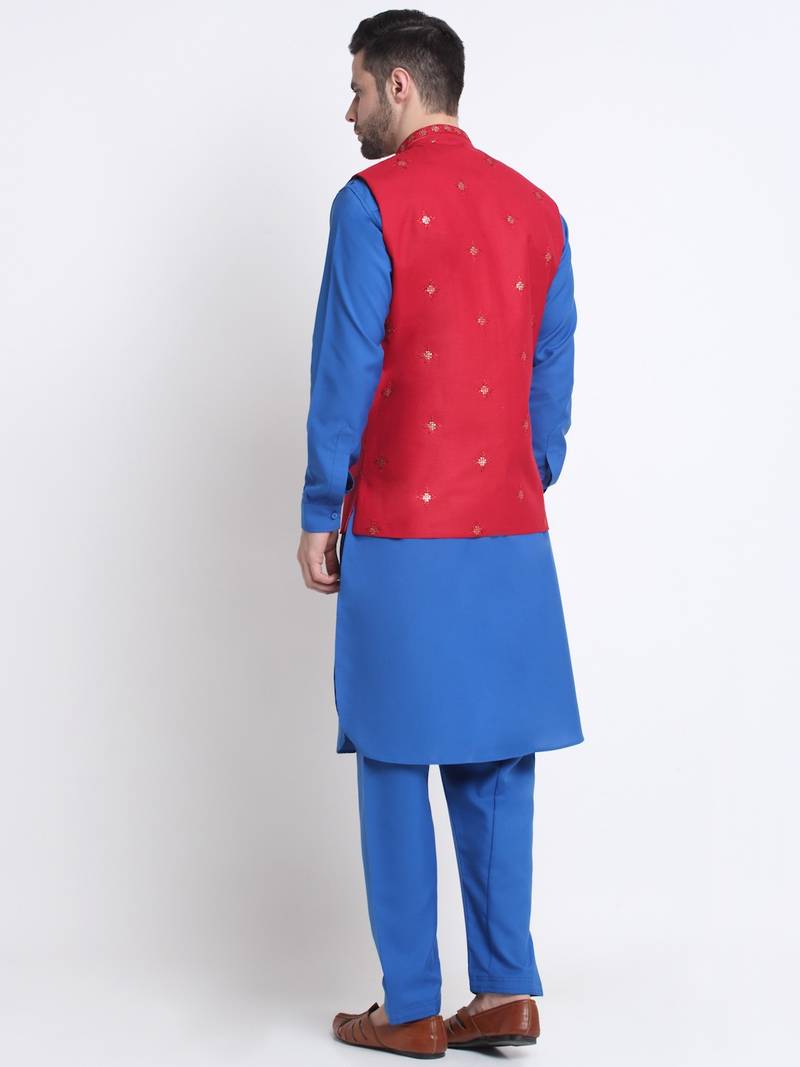 Men Cotton Royal Blue Pathani Kurta & Salwar with Red Nehru Jacket