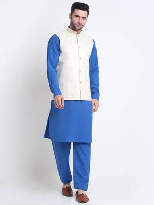 Men Cotton Royal Blue Pathani Kurta & Salwar with White Nehru Jacket 1
