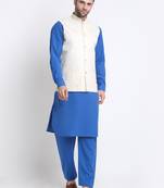 Men Cotton Royal Blue Pathani Kurta & Salwar with White Nehru Jacket