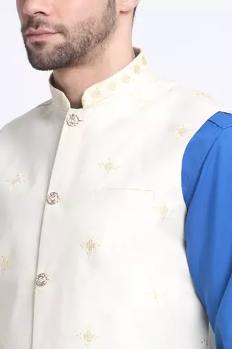 Men Cotton Royal Blue Pathani Kurta & Salwar with White Nehru Jacket