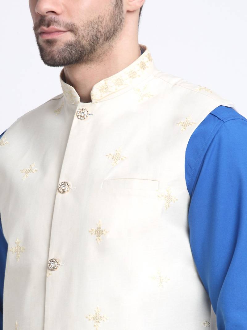 Men Cotton Royal Blue Pathani Kurta & Salwar with White Nehru Jacket