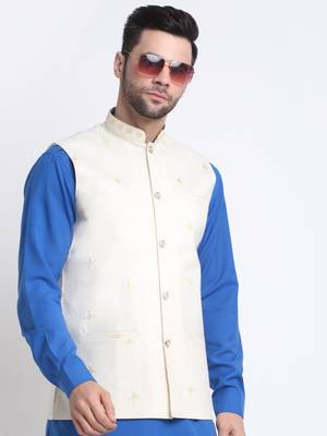 Men Cotton Royal Blue Pathani Kurta & Salwar with White Nehru Jacket 3