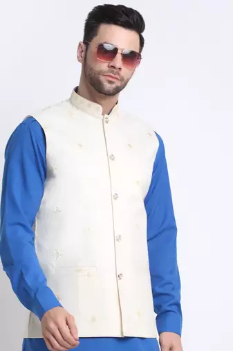 Men Cotton Royal Blue Pathani Kurta & Salwar with White Nehru Jacket