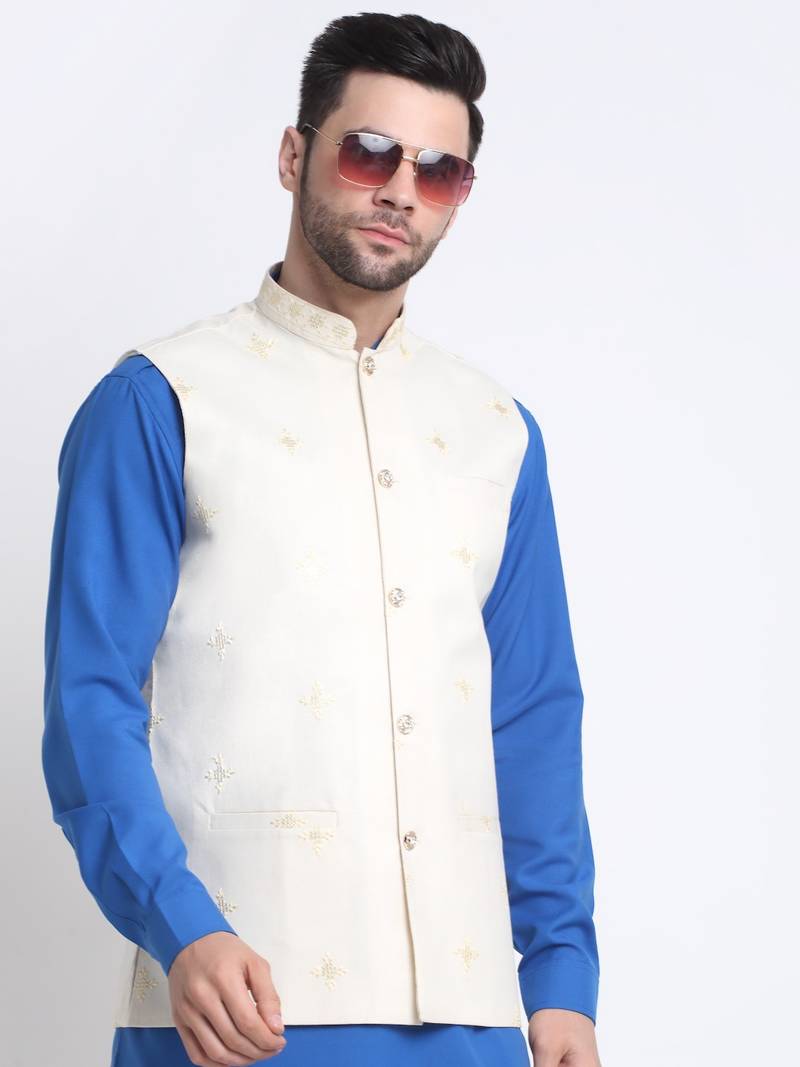Men Cotton Royal Blue Pathani Kurta & Salwar with White Nehru Jacket