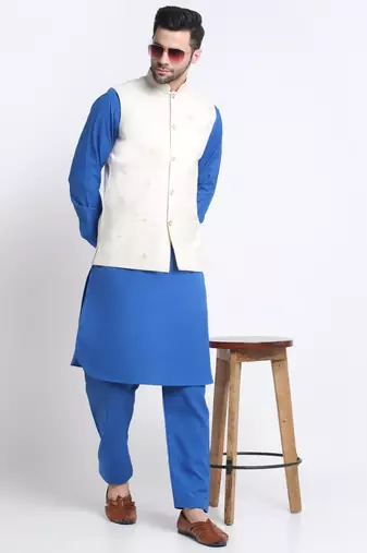 Men Cotton Royal Blue Pathani Kurta & Salwar with White Nehru Jacket