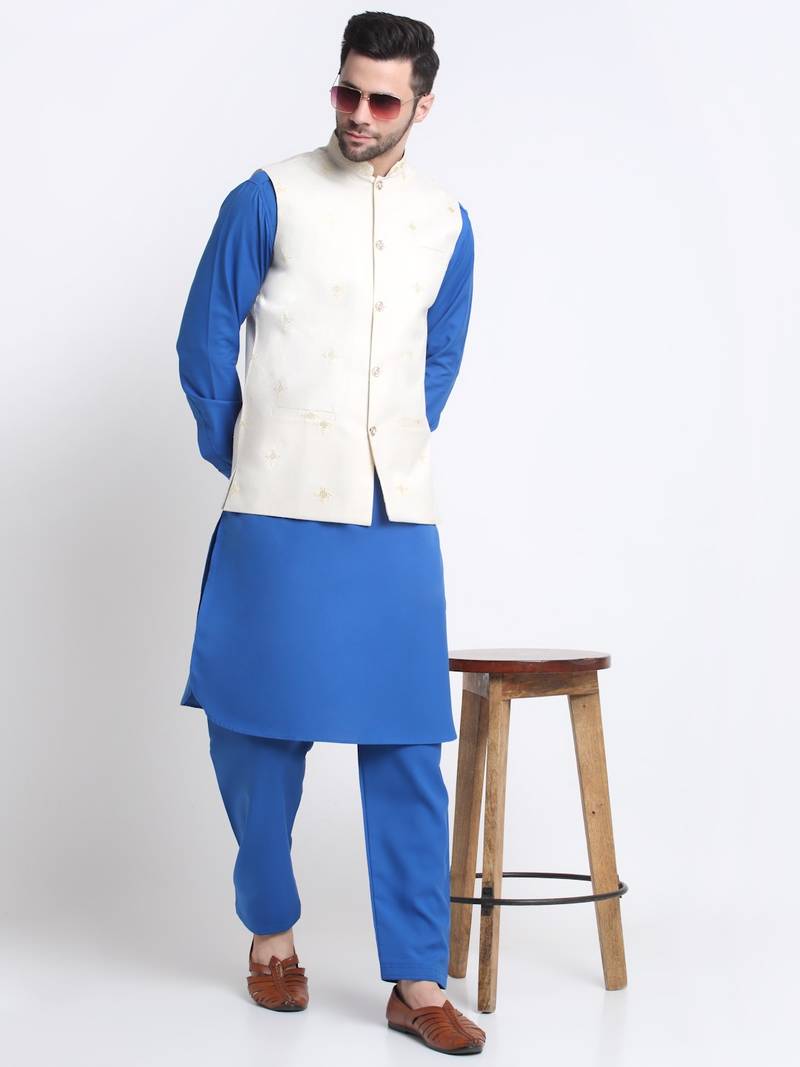 Men Cotton Royal Blue Pathani Kurta & Salwar with White Nehru Jacket