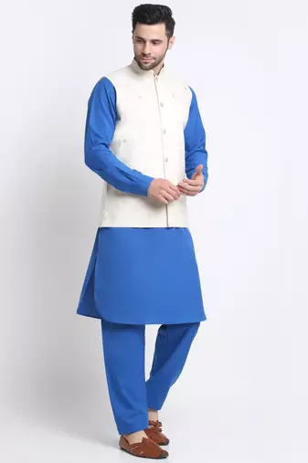 Men Cotton Royal Blue Pathani Kurta & Salwar with White Nehru Jacket