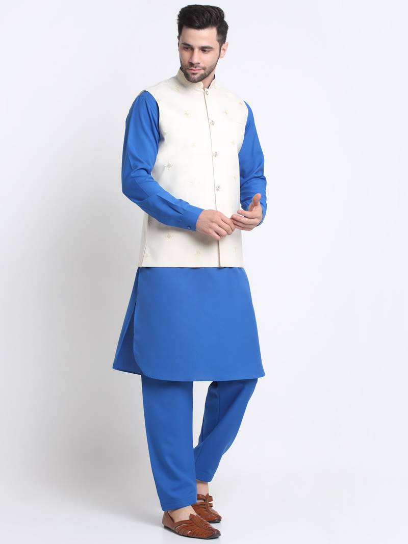 Men Cotton Royal Blue Pathani Kurta & Salwar with White Nehru Jacket